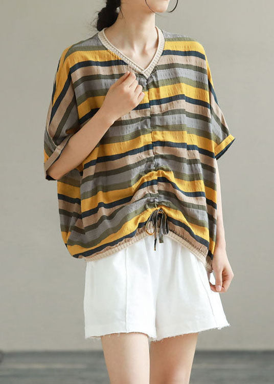 Yellow Striped Patchwork Cotton T Shirt Top V Neck Summer LY4959 - fabuloryshop