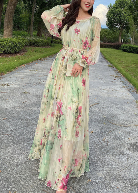 Yellow Tie Waist Chiffon Maxi Beach Dresses Long Sleeve LY1695 - fabuloryshop