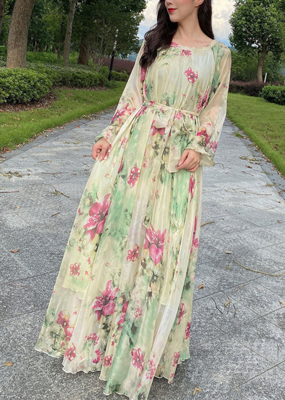 Yellow Tie Waist Chiffon Maxi Beach Dresses Long Sleeve LY1695 - fabuloryshop