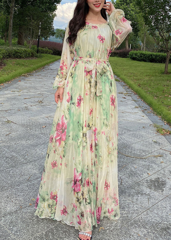 Yellow Tie Waist Chiffon Maxi Beach Dresses Long Sleeve LY1695 - fabuloryshop