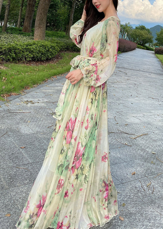 Yellow Tie Waist Chiffon Maxi Beach Dresses Long Sleeve LY1695 - fabuloryshop