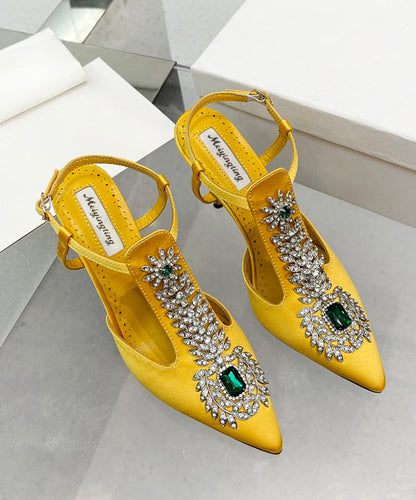 Yellow Splicing Stiletto Sandals Pointed Toe Hollow Out