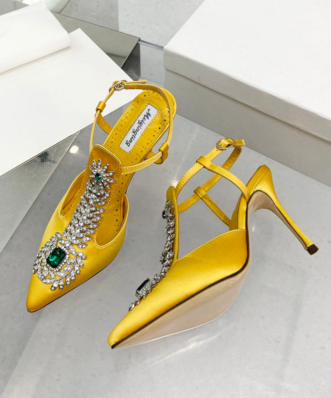Yellow Splicing Stiletto Sandals Pointed Toe Hollow Out