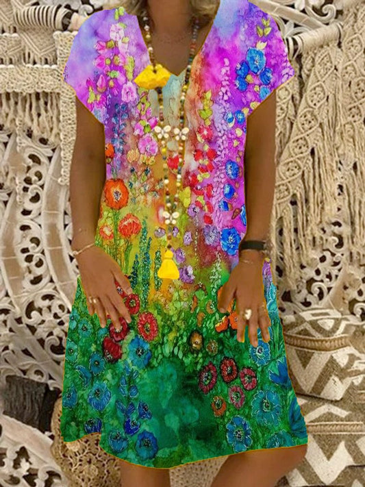 Short Sleeve V Neck Floral Casual Weaving Dress  WO106 - fabuloryshop
