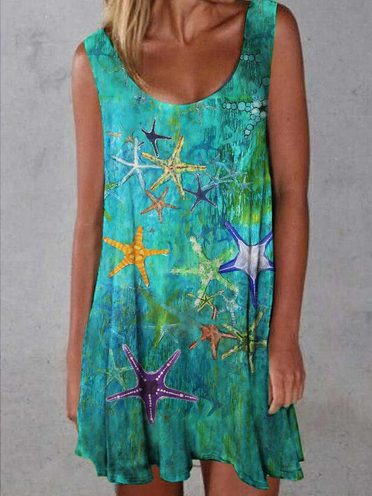 Crew Neck Designer oil painting starfish print dress  WF71 - fabuloryshop