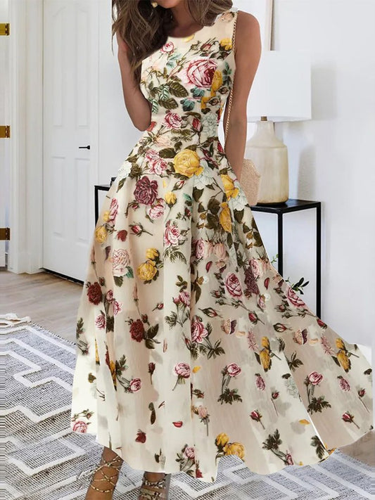 Floral Design Slim Tank Maxi Skirt Dress  QU88