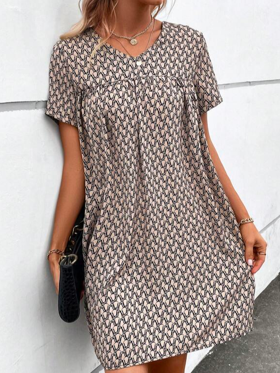 Geometric Elegant Cotton V Neck Allover Print V Neck Smock Dress  WC115 - fabuloryshop