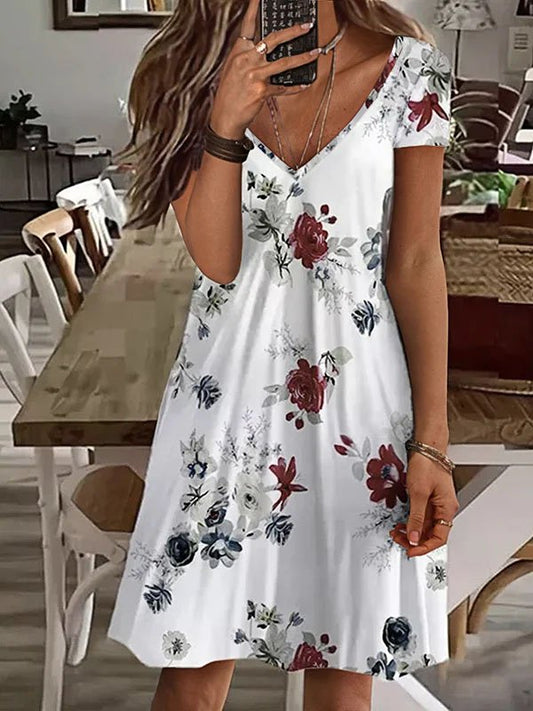 Boho Floral V neck Short Sleeve Knit Dress  QD58 - fabuloryshop