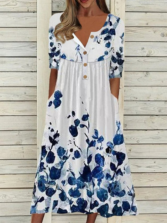 Crew Neck Button Floral Vacation Midi Dress WO79 - fabuloryshop