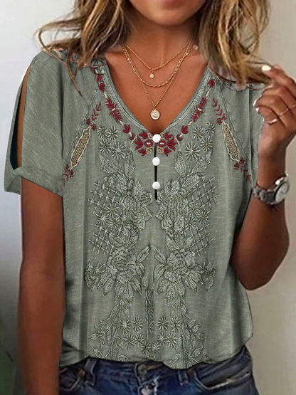 Casual V Neck Ethnic Buttoned Shirt  QH66 - fabuloryshop