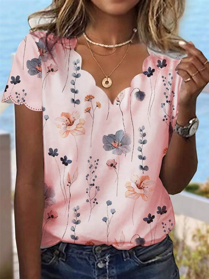 Summer Dessert Shell Neck Floral Design T-Shirt  cc187