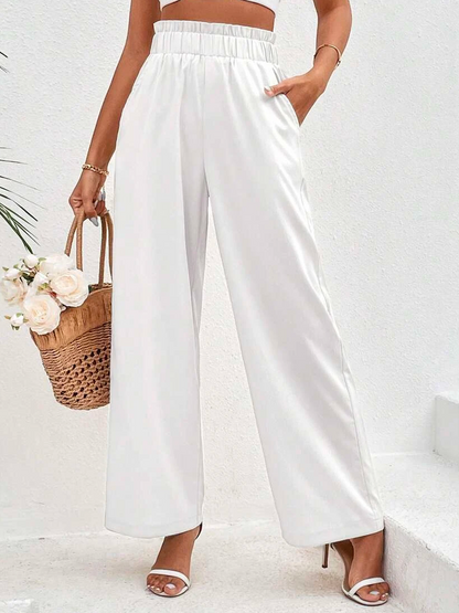 Cotton Casual Plain Paperbag Waist Wide Leg Pants  WX96 - fabuloryshop