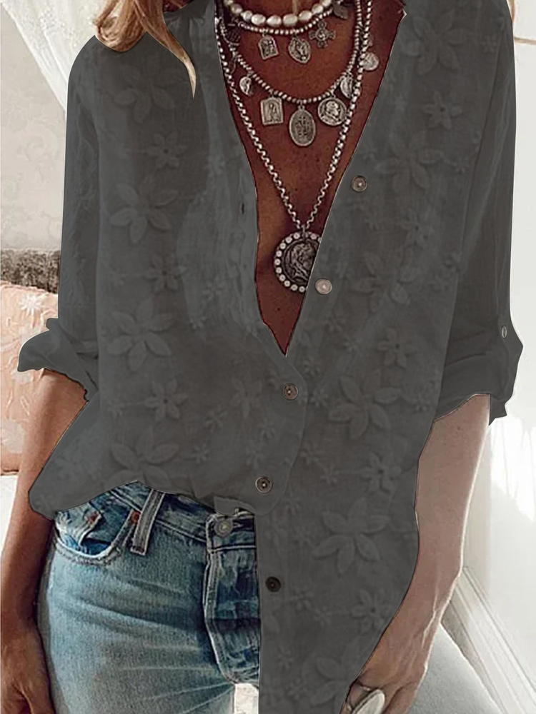 Women&#x27;s Lace Stitching Cotton Linen Long Sleeve Shirt  mm299 - fabuloryshop