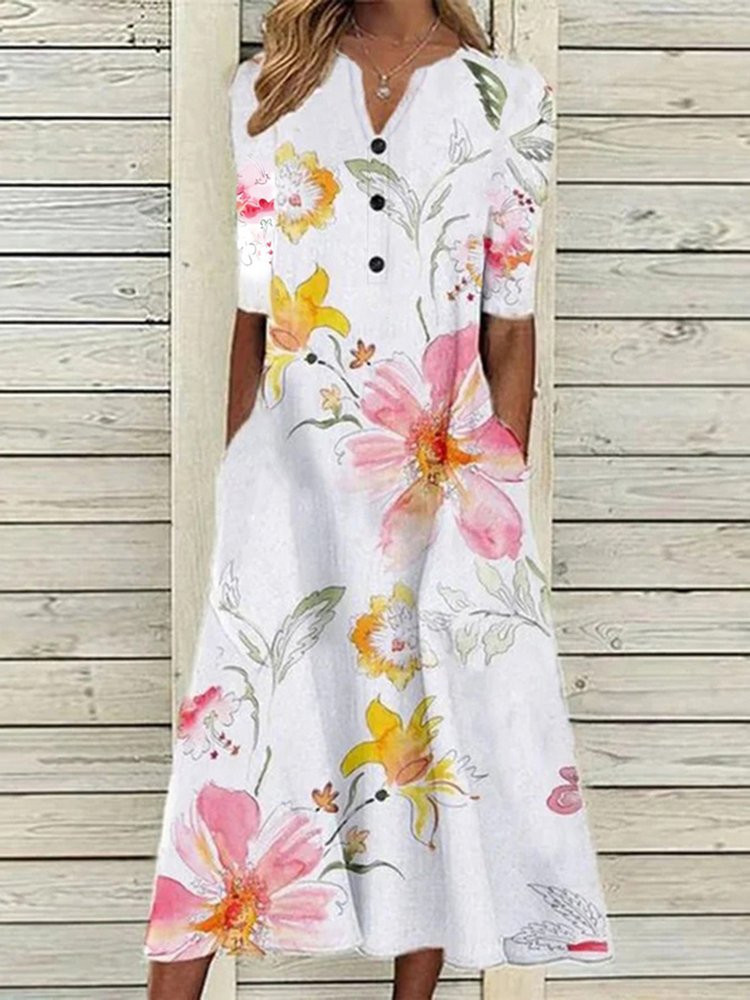 Floral Casual V Neck Half Sleeve Buttoned Pockets A-line Dress  QV113 - fabuloryshop