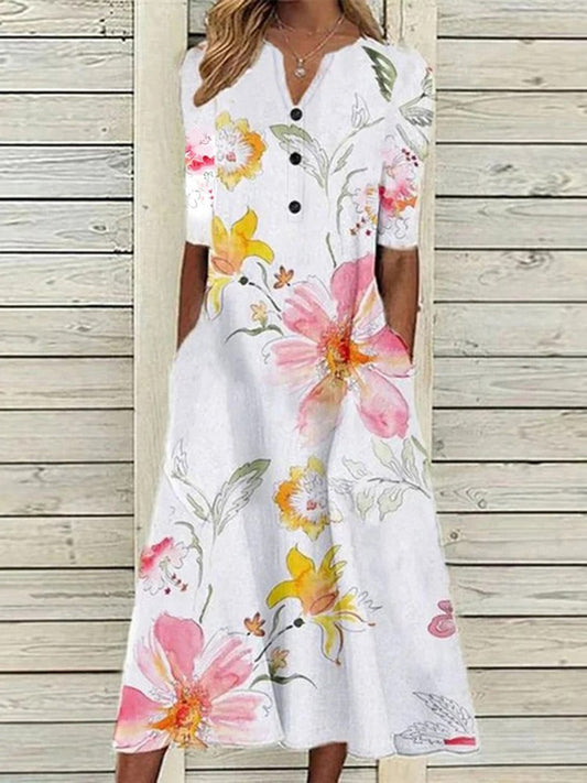 Floral Casual V Neck Half Sleeve Buttoned Pockets A-line Dress  QV113 - fabuloryshop