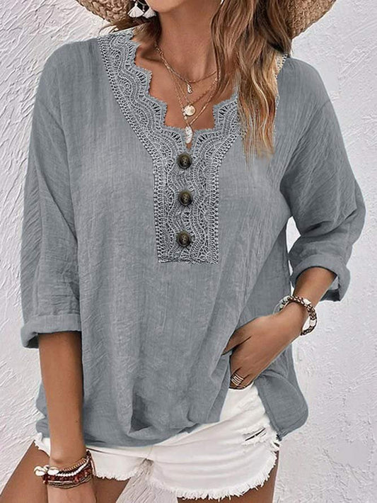 Casual Buttoned V Neck Lace Loose Shirt  WS69 - fabuloryshop