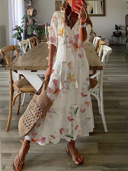 Women&#x27;s Shift Dress Maxi Dress half Sleeve Floral Print Summer Fall V Neck Casual Dress  QPQ63 - fabuloryshop