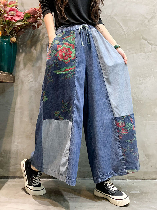 Color-Block Bandage Embroidered Wide Leg Denim Pants LY3924 - fabuloryshop