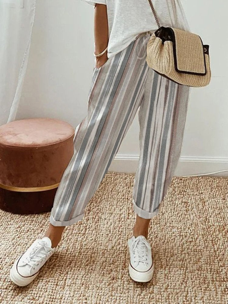 Striped Casual Pockets Loose Elastic Waist Pants  QB100 - fabuloryshop