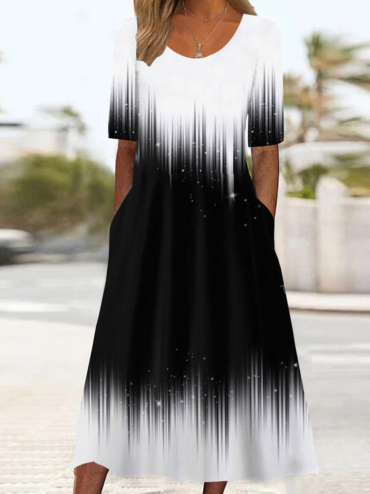 Women&#x27;s Short Sleeve Scoop Neck Colorblock Midi Dress  QQ80