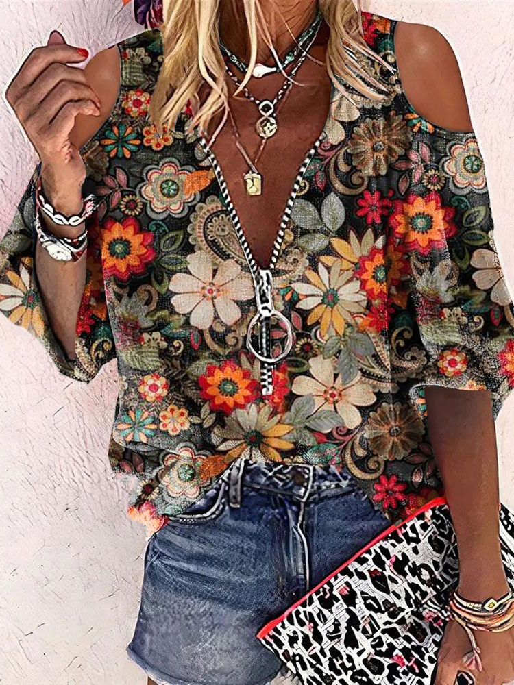 V neck Casual Zipper Floral Shirt  QV116 - fabuloryshop