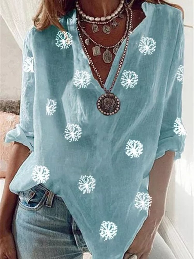 Vintage V Neck Dandelion Printed Casual Top  QH112 - fabuloryshop