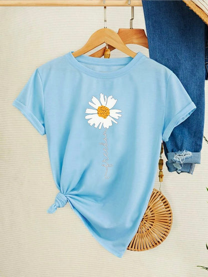 Crew Neck Floral Vacation Loose Floral &amp; Letter Graphic T-Shirt  cc180 - fabuloryshop