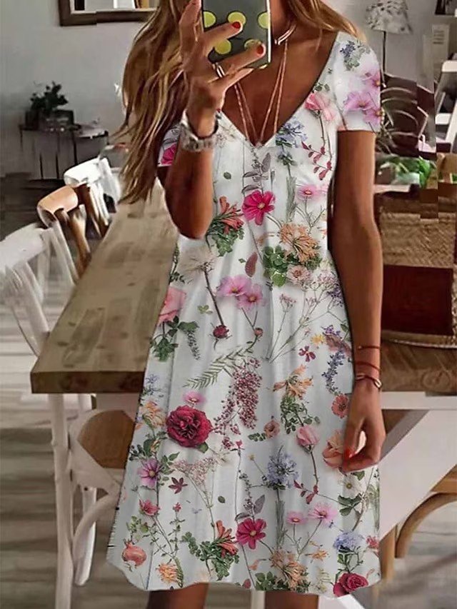 V Neck Casual Floral Loose Dress  QM65 - fabuloryshop