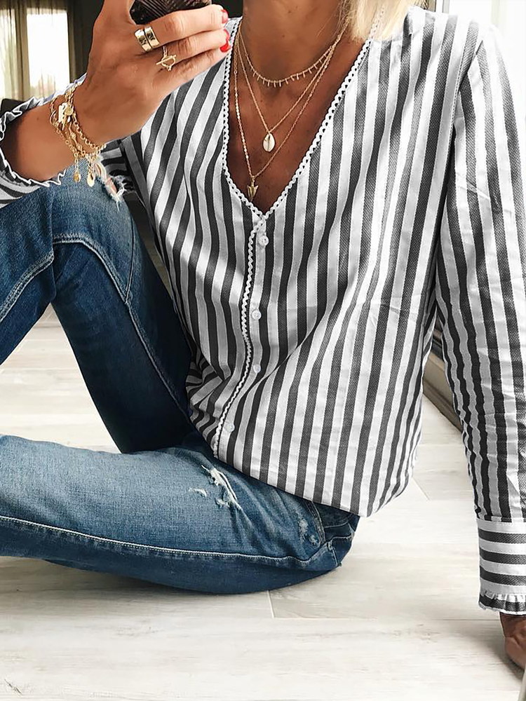 Striped V Neck Loose Casual Blouse  QR116 - fabuloryshop