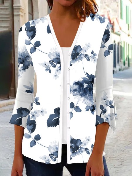 Buckle Shirt Collar Casual Floral Kimono  QL80 - fabuloryshop