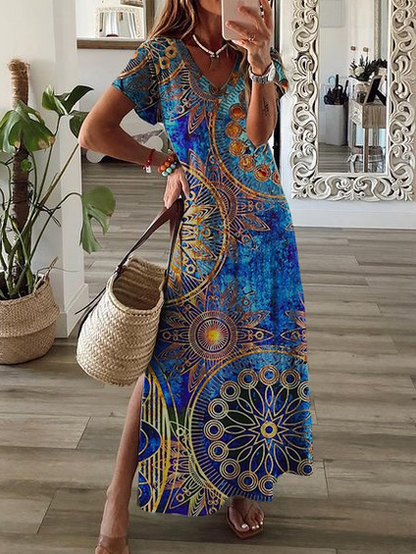 V Neck Tribal Vacation Maxi  Dress   WO64 - fabuloryshop