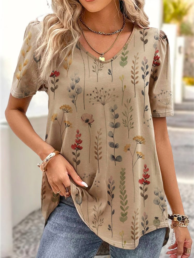 V Neck Casual Loose Floral Shirt  QR63 - fabuloryshop