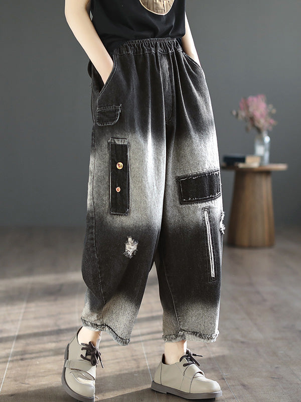 Vintage Hollow Elasticity Applique Denim Ninth Pants LY3921 - fabuloryshop