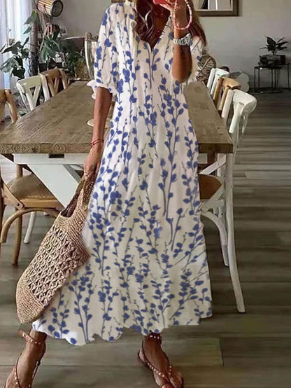 V Neck Loose Blue Floral Casual Dress  WT89 - fabuloryshop