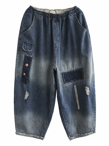 Vintage Hollow Elasticity Applique Denim Ninth Pants LY3921 - fabuloryshop