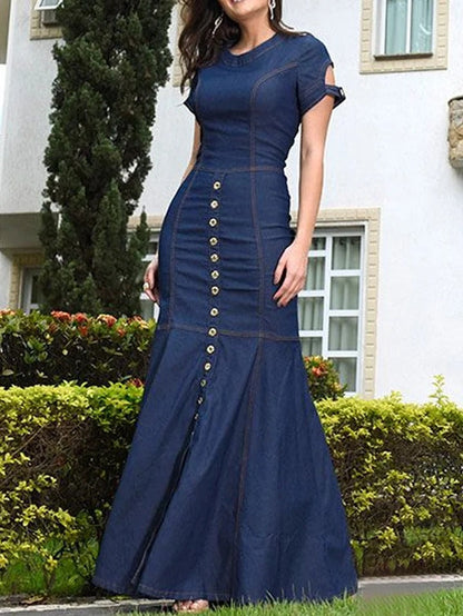 Style Slim Fit Navy O Neck Patchwork Long Denim Dress Summer LY4003 - fabuloryshop