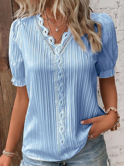 V Neck Plain Lace Elegant Shirt  mm241 - fabuloryshop