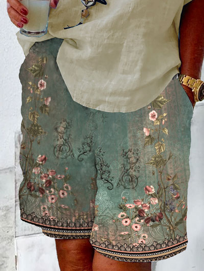 elastic waist boho floral print shorts with pockets  QN105 - fabuloryshop