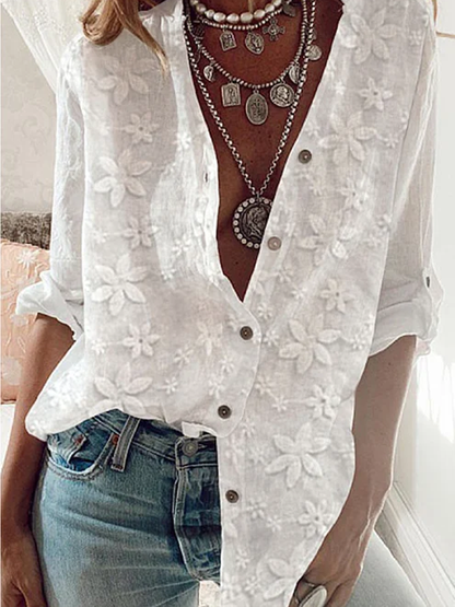 Women&#x27;s Lace Stitching Cotton Linen Long Sleeve Shirt  mm299 - fabuloryshop