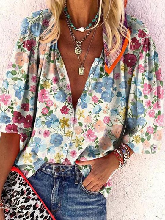 Casual V Neck Floral Loose Shirt  WI69 - fabuloryshop