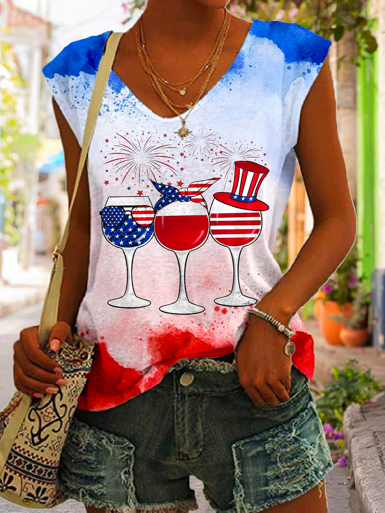 Casual Loose V Neck Women&#x27;s American Flag Wine Glass Print Tank Top  WS1 - fabuloryshop