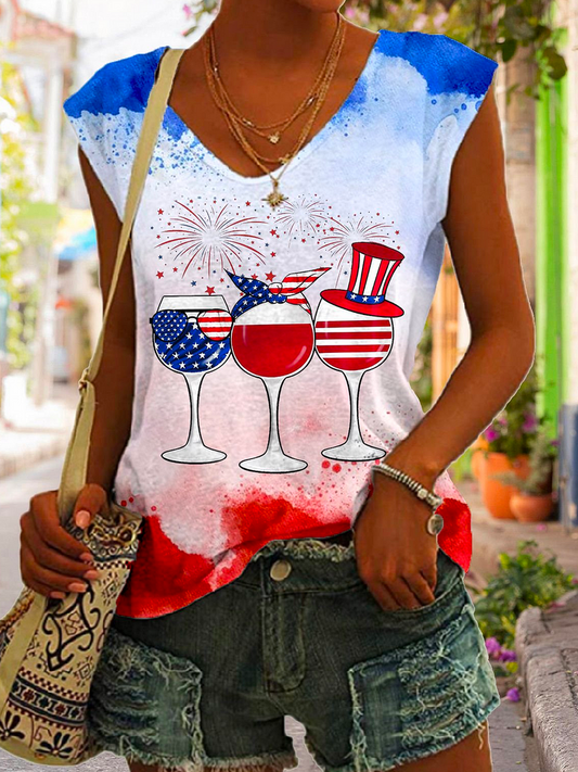 Casual Loose V Neck Women&#x27;s American Flag Wine Glass Print Tank Top  WS1 - fabuloryshop