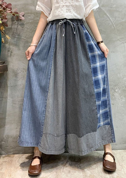 Casual Drawstring Elasticity Plaid Split-Joint Ninth Denim Pants LY3920 - fabuloryshop