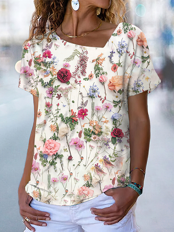 Asymmetrical Loose Floral Casual T-Shirt  WG107