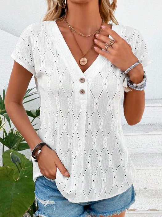 Casual Geometric Loose Eyelet Embroidery Batwing Sleeve Button Front T-Shirt  WZ97