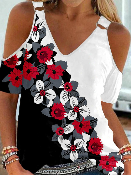 V Neck Loose Floral Casual T-Shirt  WW82 - fabuloryshop