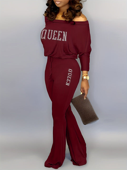 Solid Queen Print Off Shoulder Jumpsuit RE7125 Ada Fashion