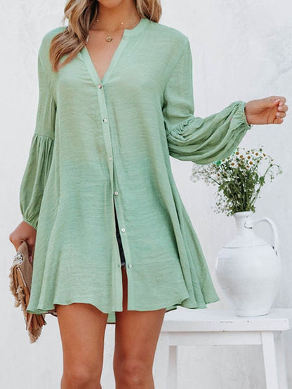 Loose V Neck Lantern Sleeve Urban Dress With No  WE84 - fabuloryshop