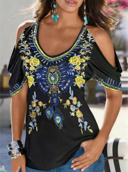 Boho V neck Printed Short Sleeve Short Sleeve T-shirt  QH114 - fabuloryshop