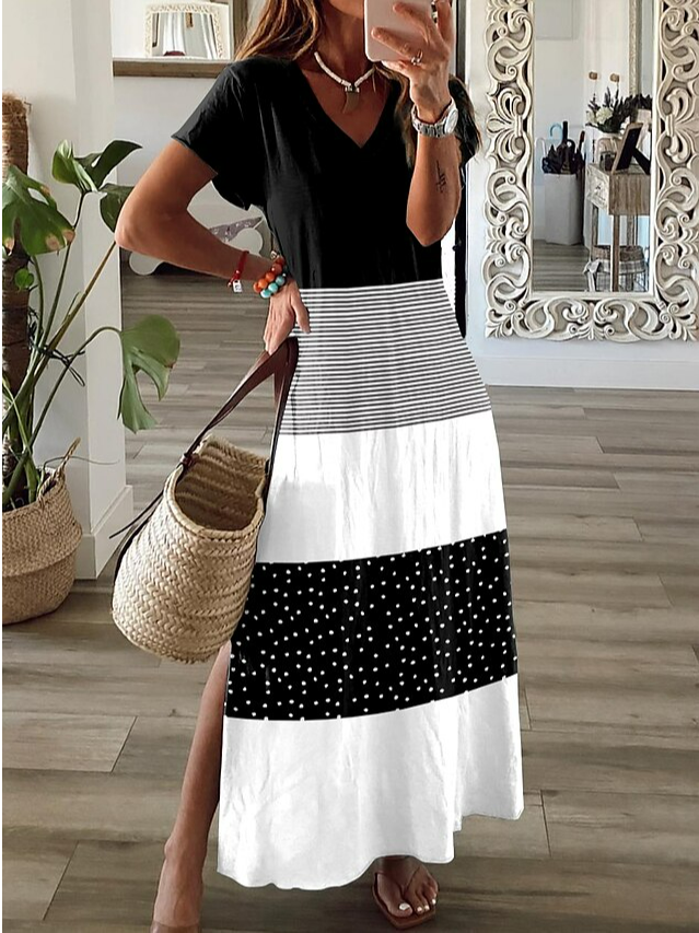 Casual V Neck Geometric Loose Dress With No Belt  WC119